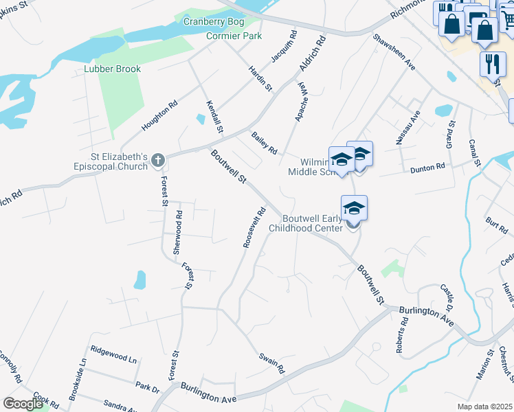 map of restaurants, bars, coffee shops, grocery stores, and more near 7 Roosevelt Road in Wilmington