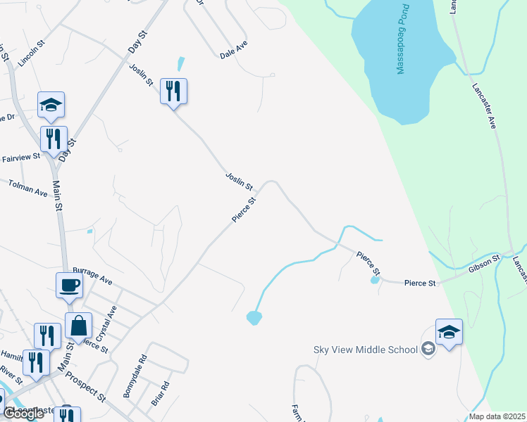 map of restaurants, bars, coffee shops, grocery stores, and more near 301 Pierce Street in Leominster