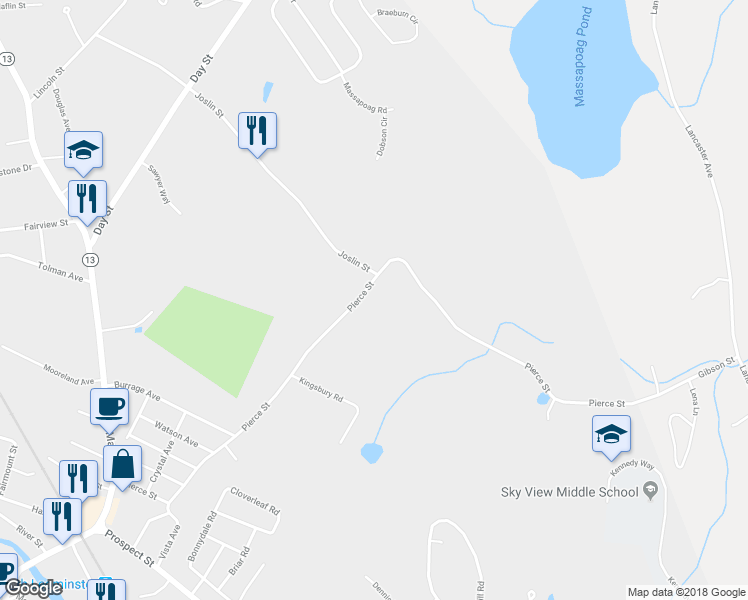 map of restaurants, bars, coffee shops, grocery stores, and more near 301 Pierce Street in Leominster
