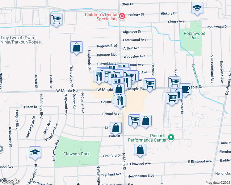 map of restaurants, bars, coffee shops, grocery stores, and more near 48 Council Avenue in Clawson
