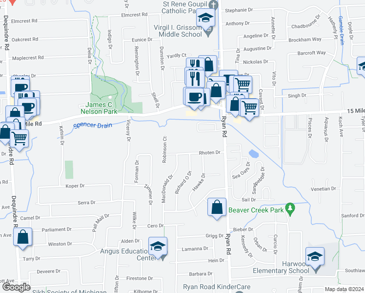map of restaurants, bars, coffee shops, grocery stores, and more near 3475 Rhoten Dr in Sterling Heights