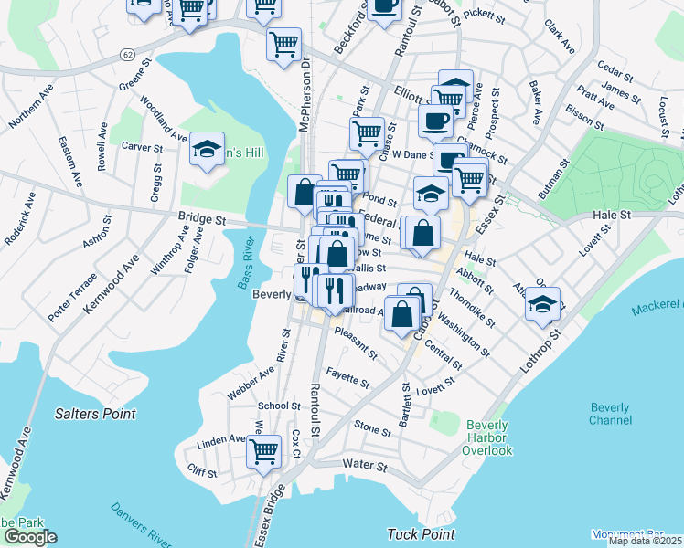 map of restaurants, bars, coffee shops, grocery stores, and more near 199 Rantoul Street in Beverly