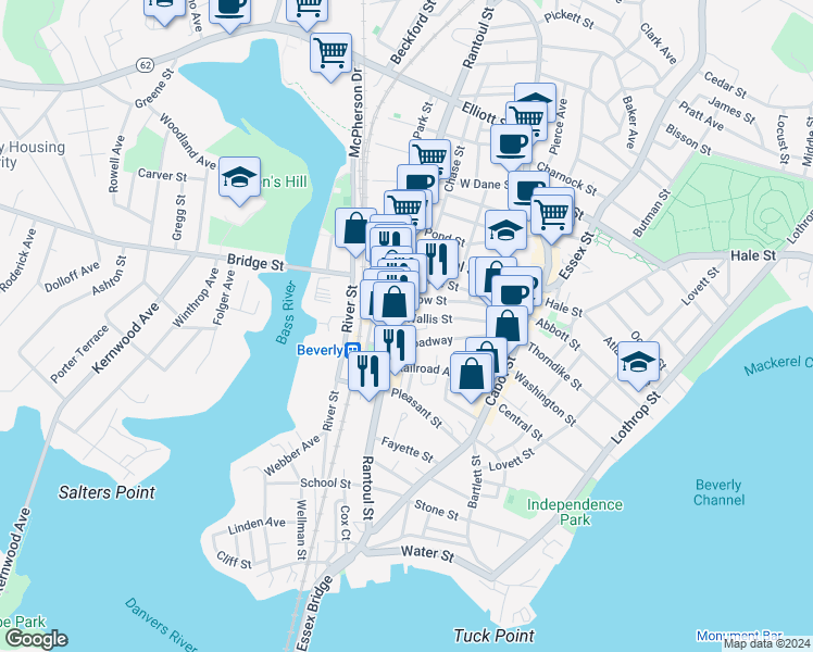 map of restaurants, bars, coffee shops, grocery stores, and more near 175 Rantoul Street in Beverly