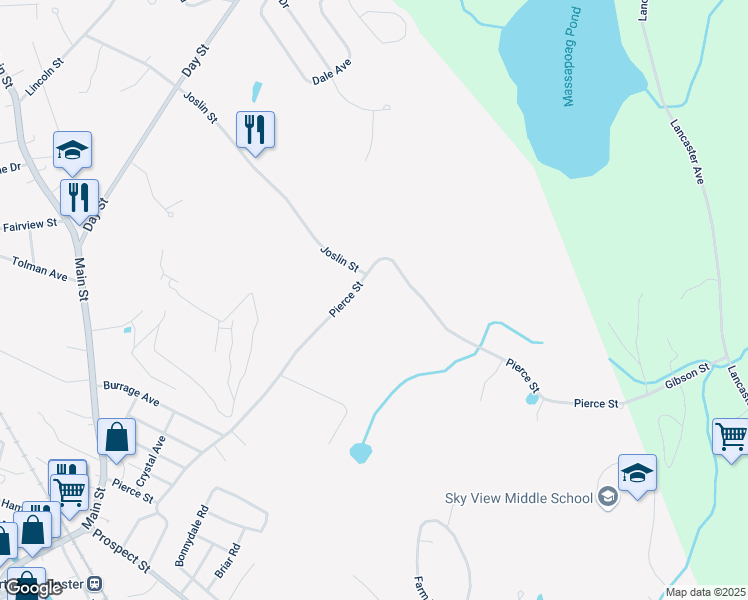 map of restaurants, bars, coffee shops, grocery stores, and more near 301 Pierce Street in Leominster
