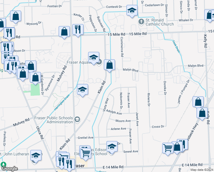 map of restaurants, bars, coffee shops, grocery stores, and more near 34030 Klein Road in Fraser
