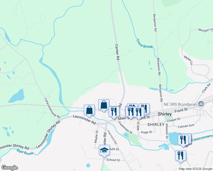 map of restaurants, bars, coffee shops, grocery stores, and more near 999 Center Road in Shirley