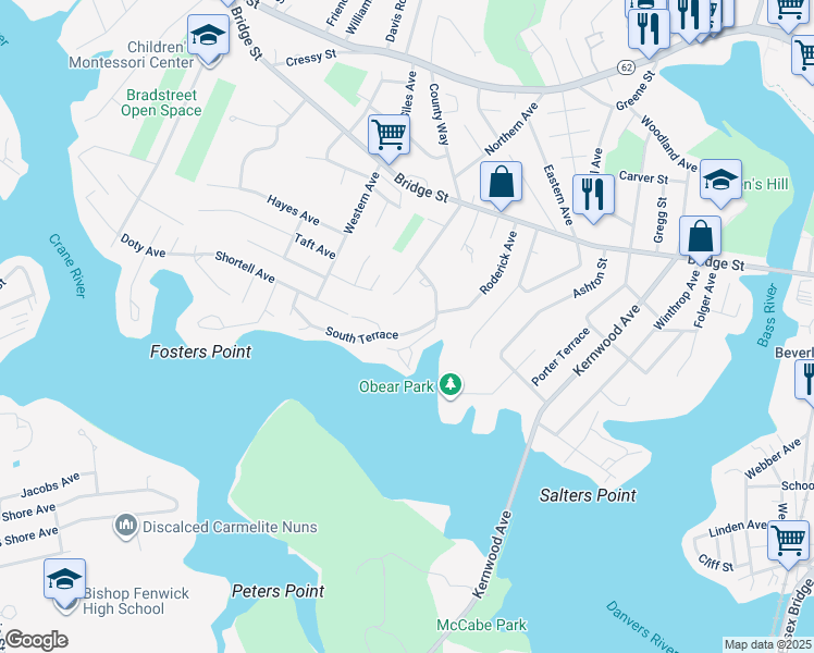 map of restaurants, bars, coffee shops, grocery stores, and more near 12 Marsh Avenue in Beverly