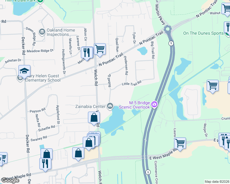 map of restaurants, bars, coffee shops, grocery stores, and more near 1600 Little Trail Road in Oakland County