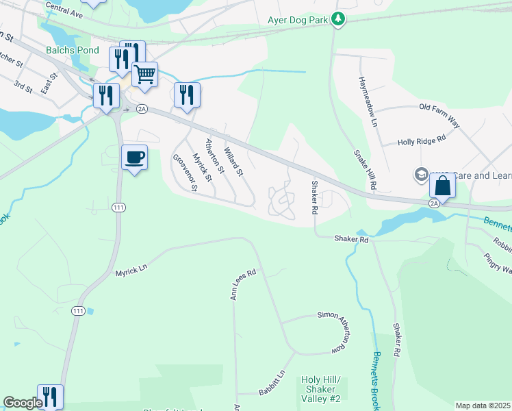 map of restaurants, bars, coffee shops, grocery stores, and more near 129 Willard Street in Ayer