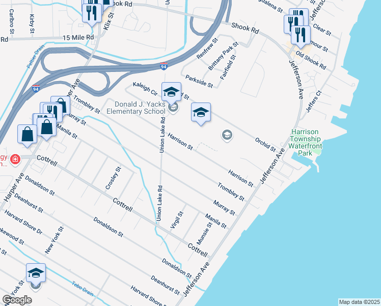 map of restaurants, bars, coffee shops, grocery stores, and more near 24725 Trombley Street in Harrison Township