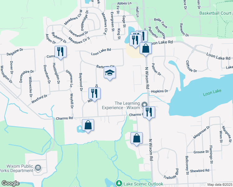 map of restaurants, bars, coffee shops, grocery stores, and more near 1760 Charms Road in Wixom