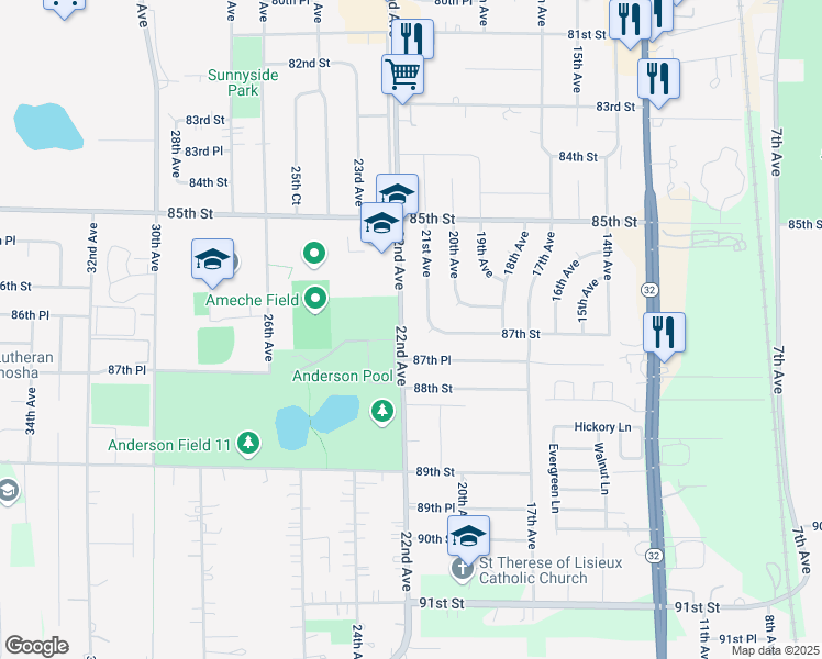map of restaurants, bars, coffee shops, grocery stores, and more near 2108 87th Place in Kenosha
