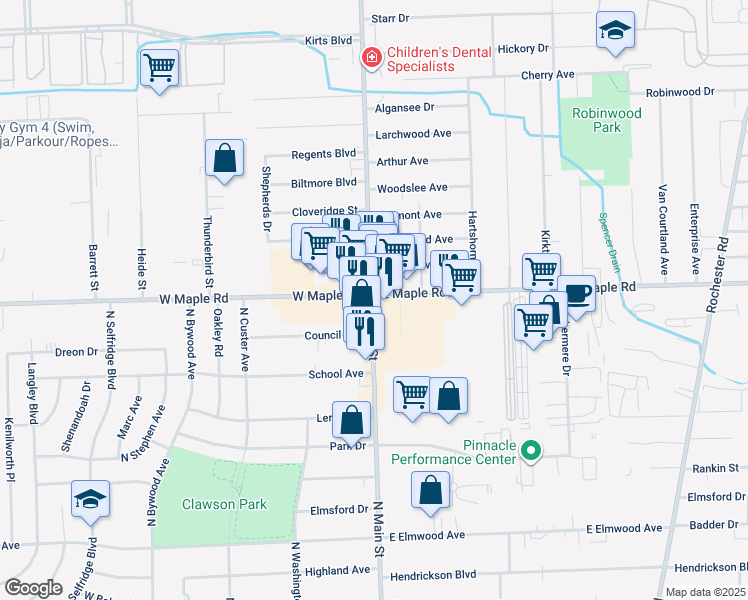 map of restaurants, bars, coffee shops, grocery stores, and more near 1500-1558 North Main Street in Clawson