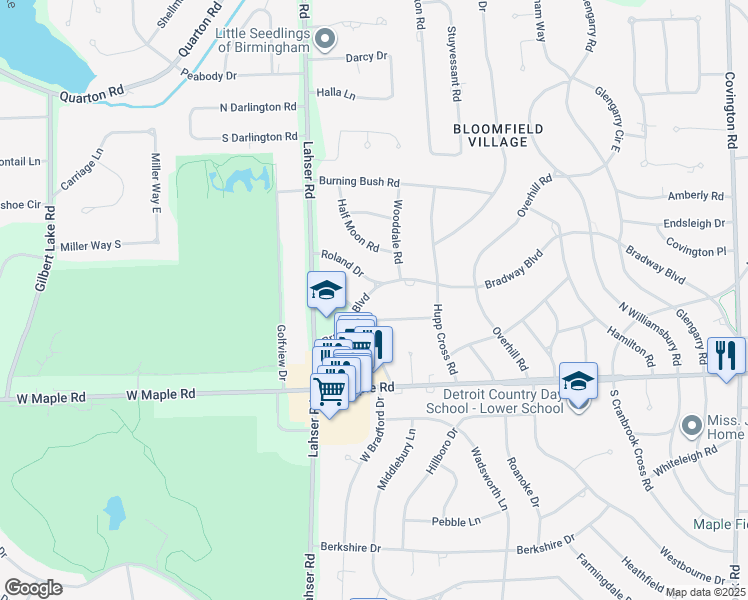 map of restaurants, bars, coffee shops, grocery stores, and more near 3521 Sunnydale Road in Bloomfield Hills