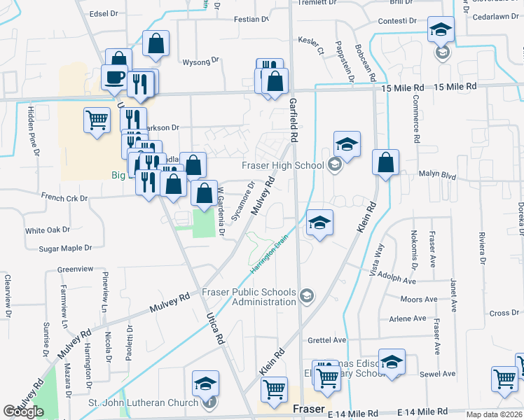 map of restaurants, bars, coffee shops, grocery stores, and more near 34108 Garfield Circle in Fraser