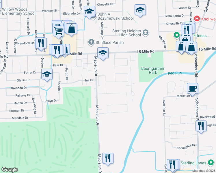 map of restaurants, bars, coffee shops, grocery stores, and more near 12179 Jode Pointe Drive in Sterling Heights