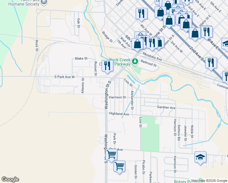 map of restaurants, bars, coffee shops, grocery stores, and more near 202 Ramage Street in Twin Falls