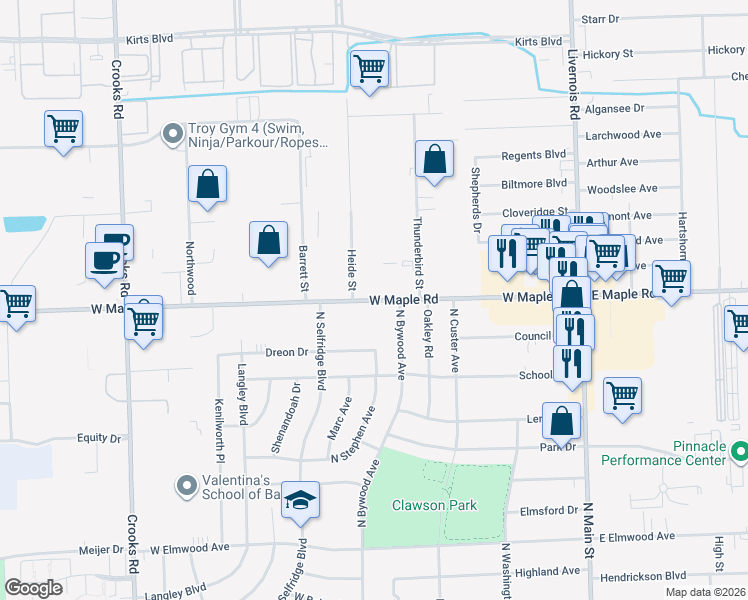 map of restaurants, bars, coffee shops, grocery stores, and more near 629 West Maple Road in Clawson