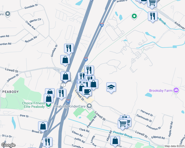 map of restaurants, bars, coffee shops, grocery stores, and more near 38 Bourbon Street in Peabody
