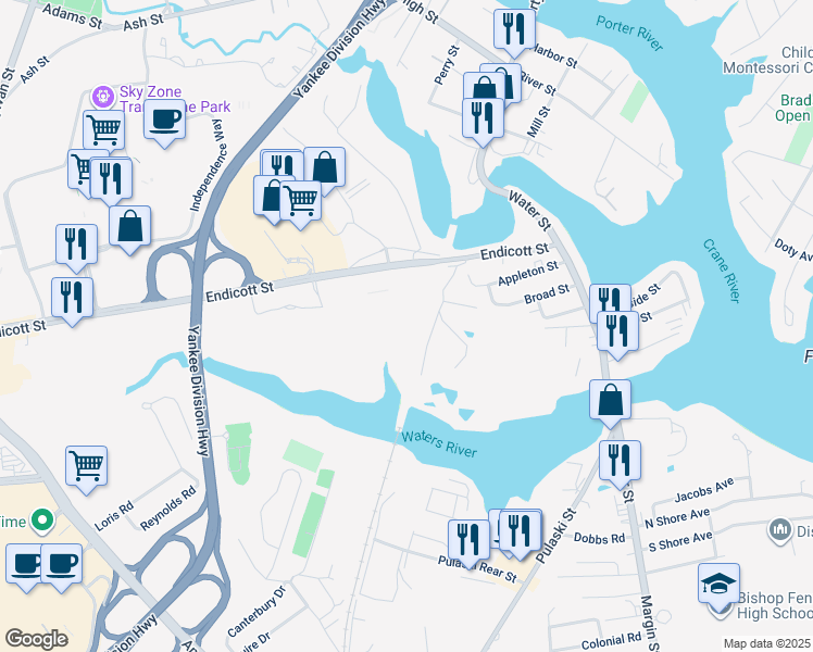 map of restaurants, bars, coffee shops, grocery stores, and more near 18 Broad St in Danvers