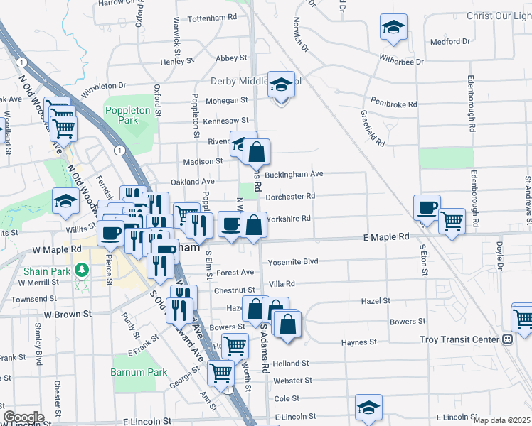 map of restaurants, bars, coffee shops, grocery stores, and more near 1109 Yorkshire Road in Birmingham
