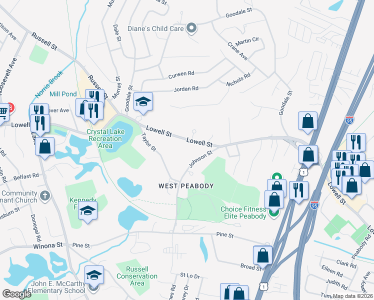 map of restaurants, bars, coffee shops, grocery stores, and more near 17 Johnson Street in Peabody