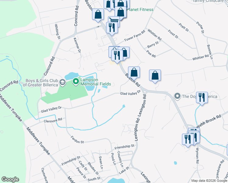 map of restaurants, bars, coffee shops, grocery stores, and more near 63 Glad Valley Drive in Billerica