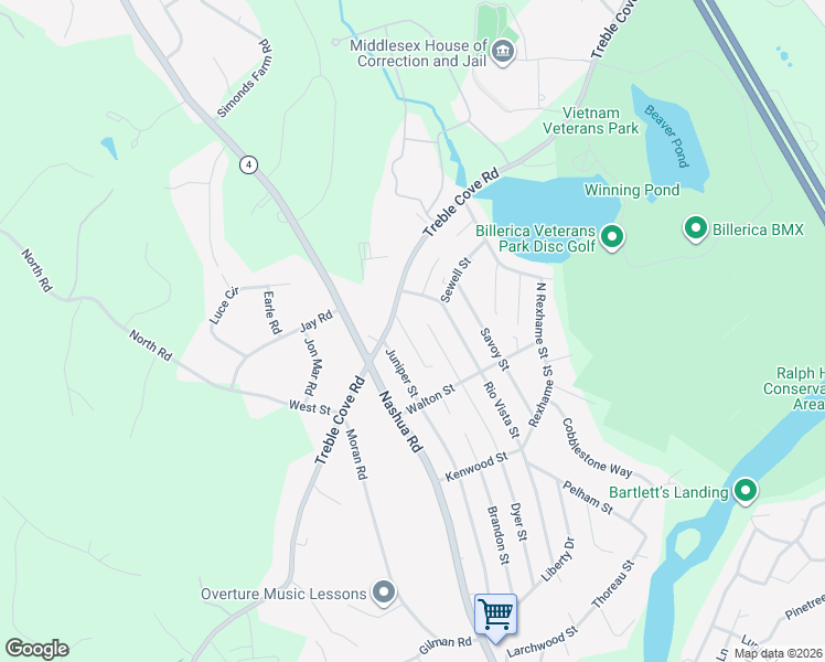 map of restaurants, bars, coffee shops, grocery stores, and more near 6 Juniper Street in Billerica
