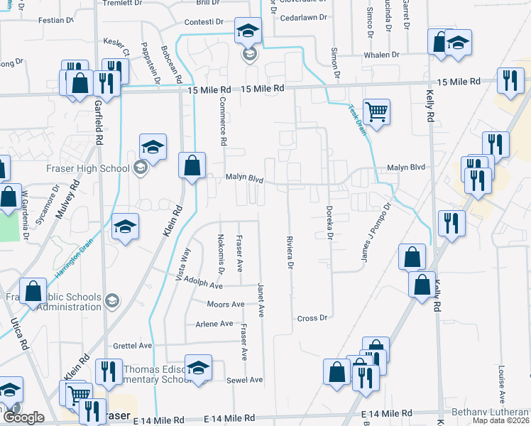 map of restaurants, bars, coffee shops, grocery stores, and more near 34115 Riviera Drive in Fraser