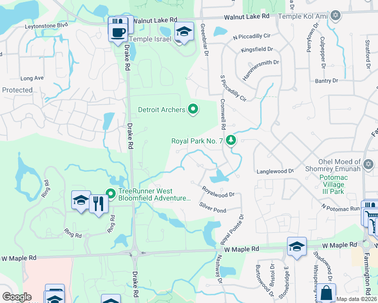 map of restaurants, bars, coffee shops, grocery stores, and more near 6070 Oak Trail in West Bloomfield Township