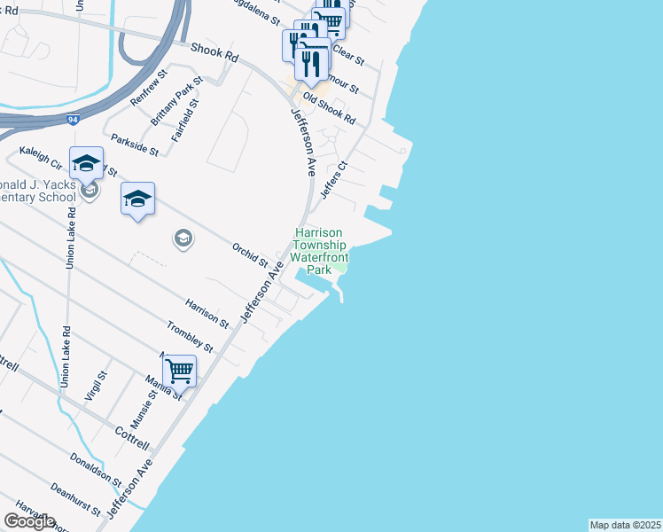 map of restaurants, bars, coffee shops, grocery stores, and more near 34890 Jefferson Avenue in Harrison Township