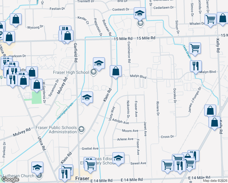 map of restaurants, bars, coffee shops, grocery stores, and more near 34150 Klein Road in Fraser