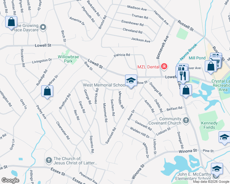 map of restaurants, bars, coffee shops, grocery stores, and more near 6 Sachem Road in Peabody