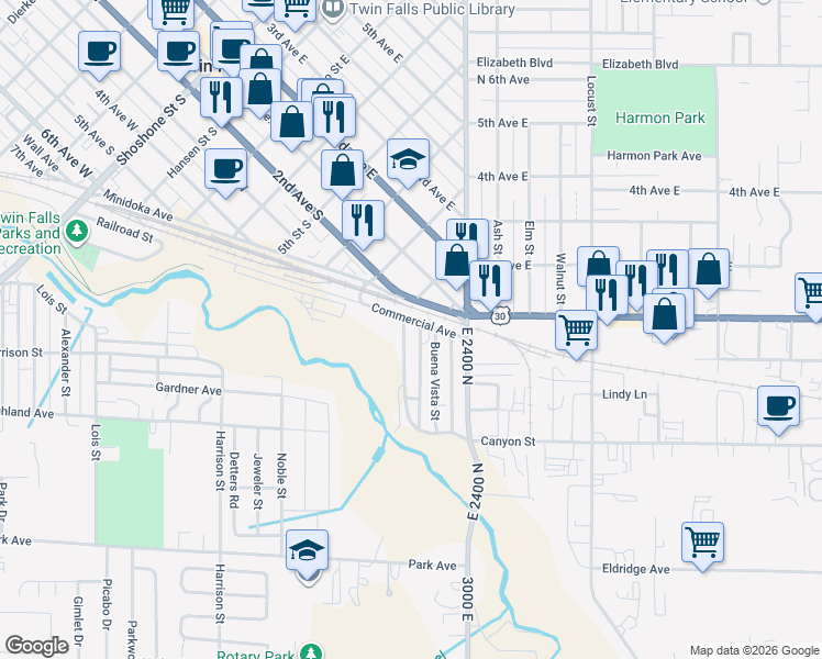 map of restaurants, bars, coffee shops, grocery stores, and more near 818 Commercial Avenue in Twin Falls