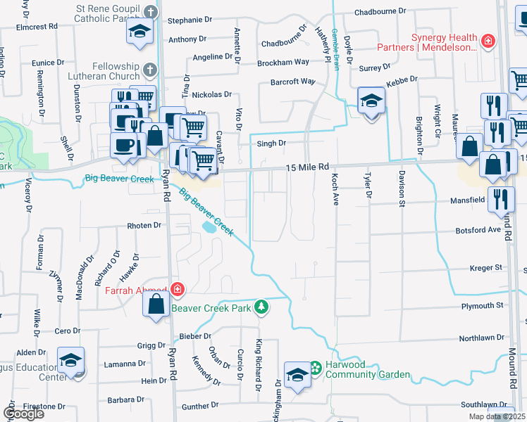 map of restaurants, bars, coffee shops, grocery stores, and more near Country Club Estates in Sterling Heights