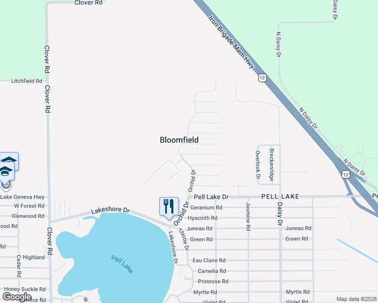 map of restaurants, bars, coffee shops, grocery stores, and more near W1048 Margurite Road in Genoa City