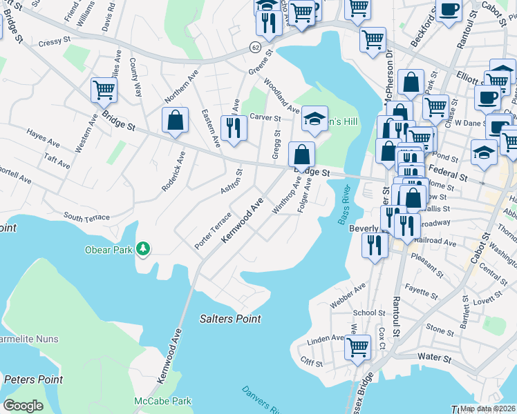map of restaurants, bars, coffee shops, grocery stores, and more near 13 Kernwood Avenue in Beverly
