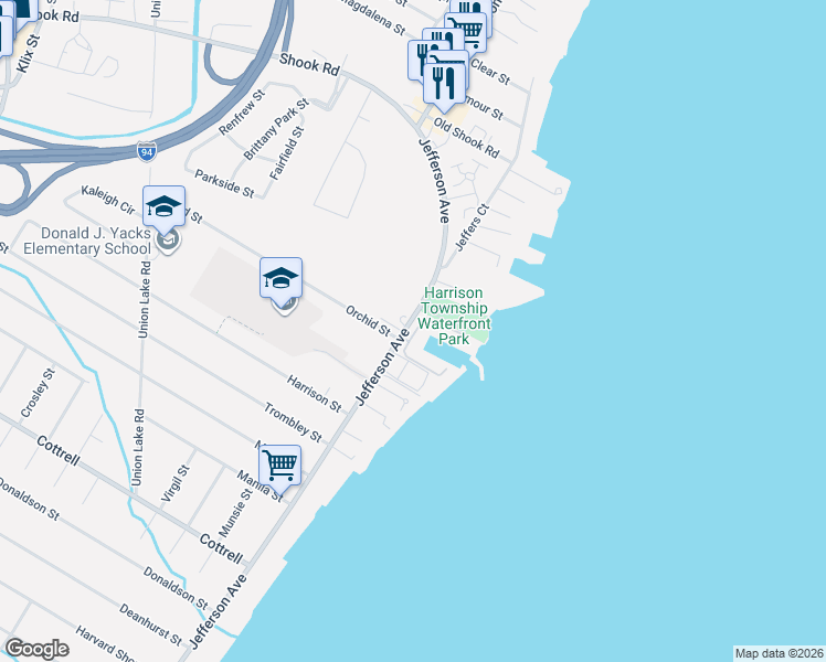 map of restaurants, bars, coffee shops, grocery stores, and more near 26131 Harbour Pointe Drive North in Harrison Township