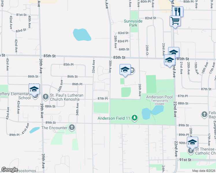 map of restaurants, bars, coffee shops, grocery stores, and more near 8630 30th Avenue in Kenosha