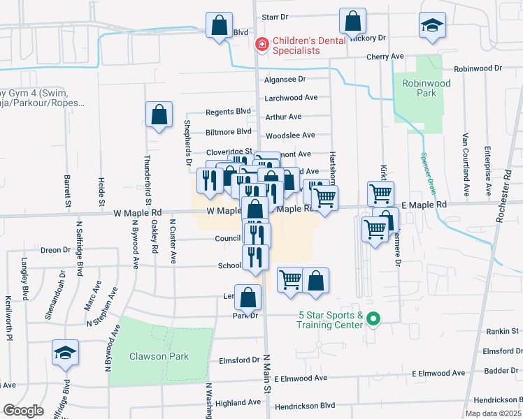 map of restaurants, bars, coffee shops, grocery stores, and more near E Maple Rd & Livernois Rd in Troy