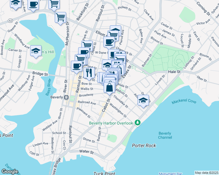 map of restaurants, bars, coffee shops, grocery stores, and more near 2 Bow Street in Beverly