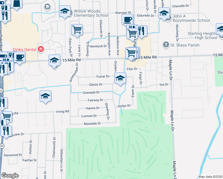 map of restaurants, bars, coffee shops, grocery stores, and more near 11281 Glenis Drive in Sterling Heights
