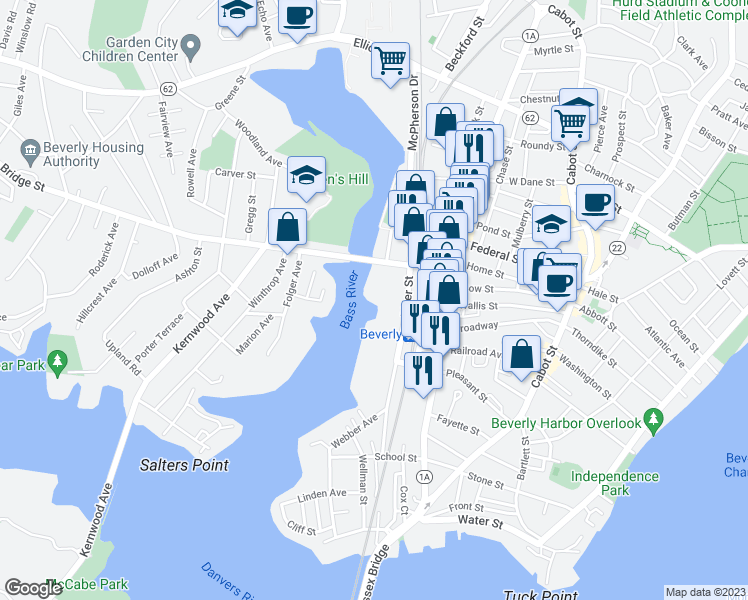 map of restaurants, bars, coffee shops, grocery stores, and more near 4 Moulton Court in Beverly
