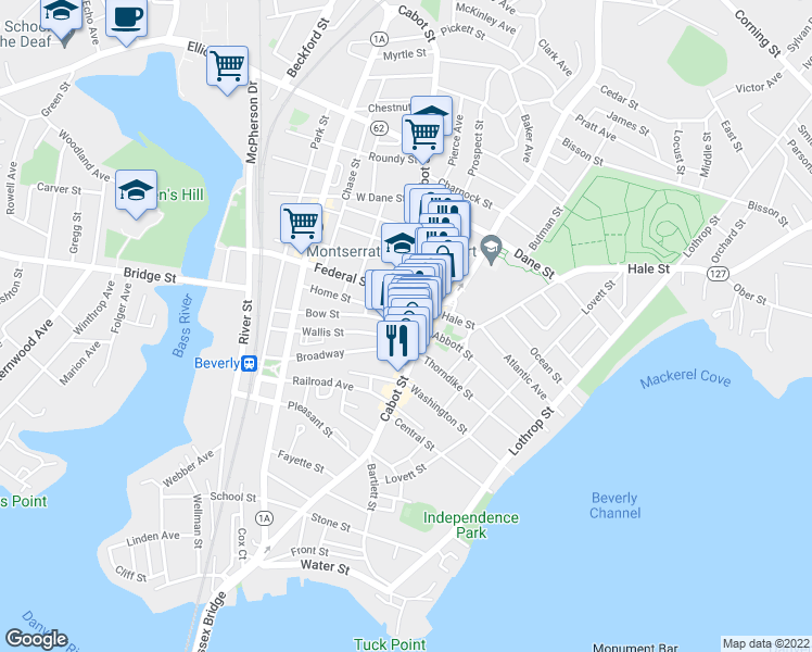 map of restaurants, bars, coffee shops, grocery stores, and more near 6 Bow Street in Beverly