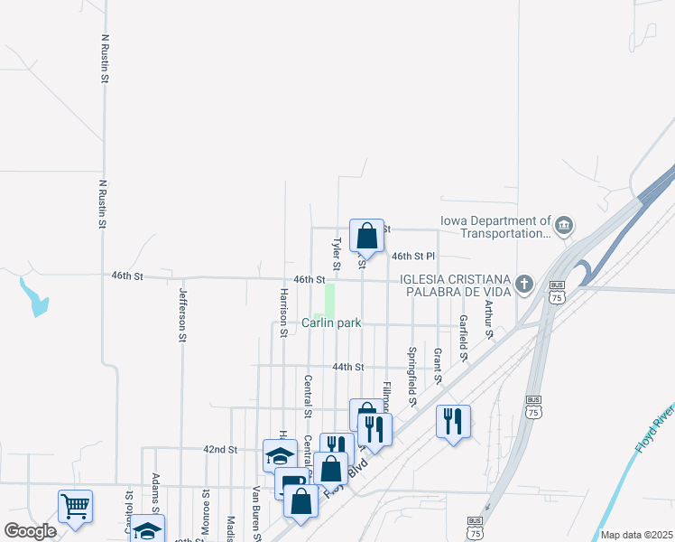 map of restaurants, bars, coffee shops, grocery stores, and more near 4616 Tyler Street in Sioux City