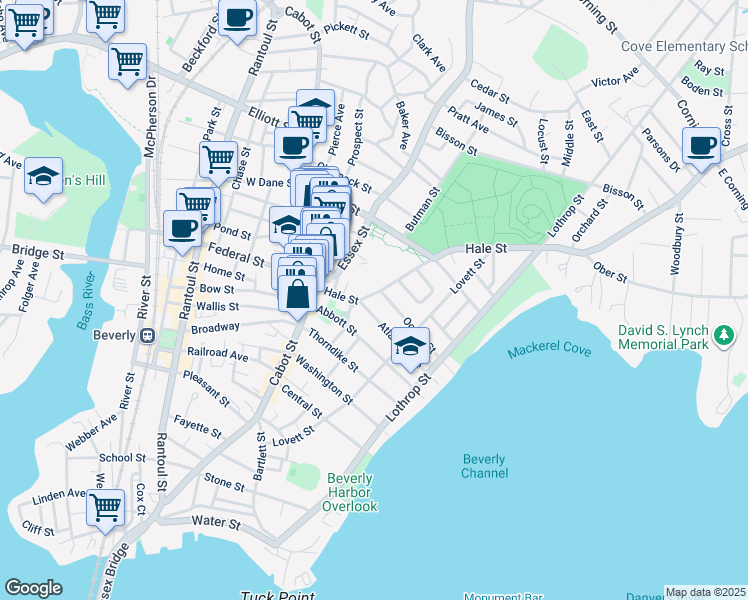 map of restaurants, bars, coffee shops, grocery stores, and more near 3 Essex Street in Beverly