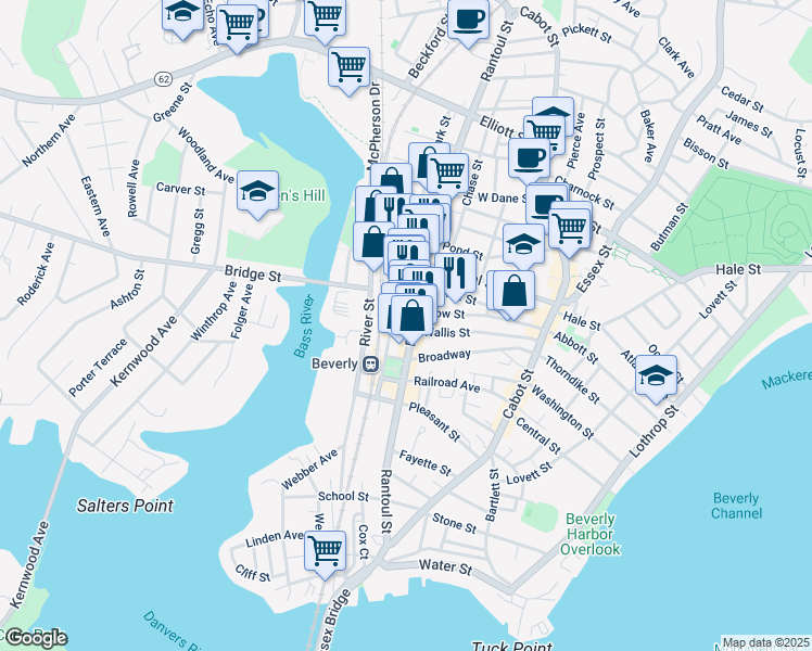 map of restaurants, bars, coffee shops, grocery stores, and more near 220 Rantoul Street in Beverly