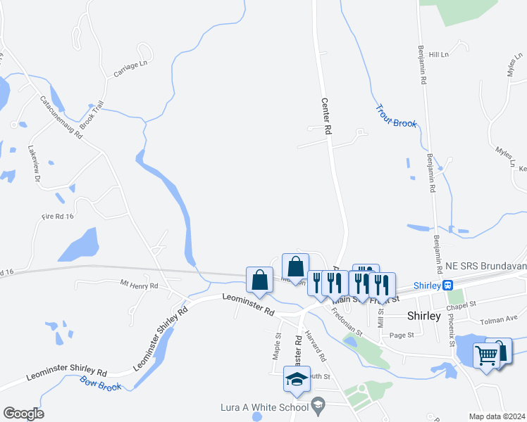 map of restaurants, bars, coffee shops, grocery stores, and more near 999 Center Road in Shirley