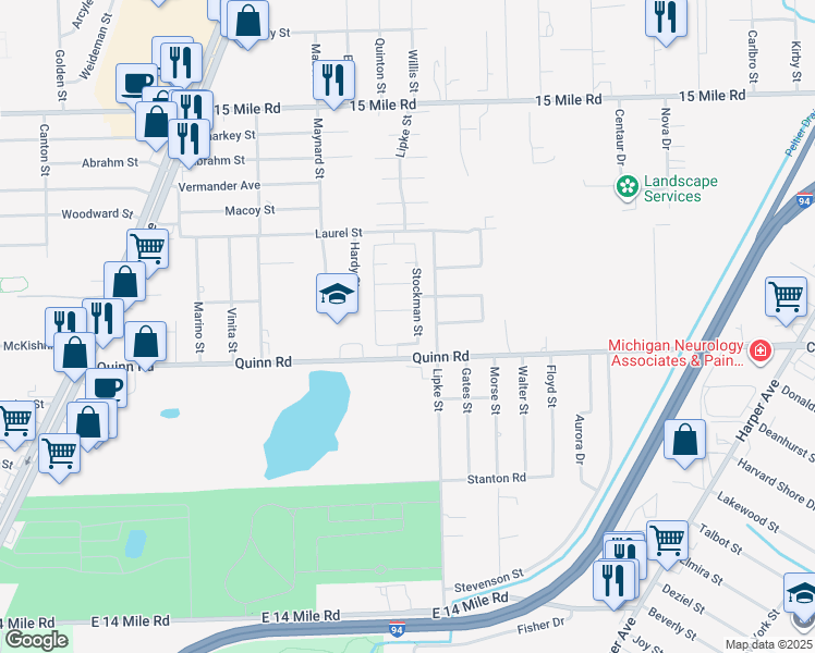 map of restaurants, bars, coffee shops, grocery stores, and more near 34312 Hardy Street in Clinton Township