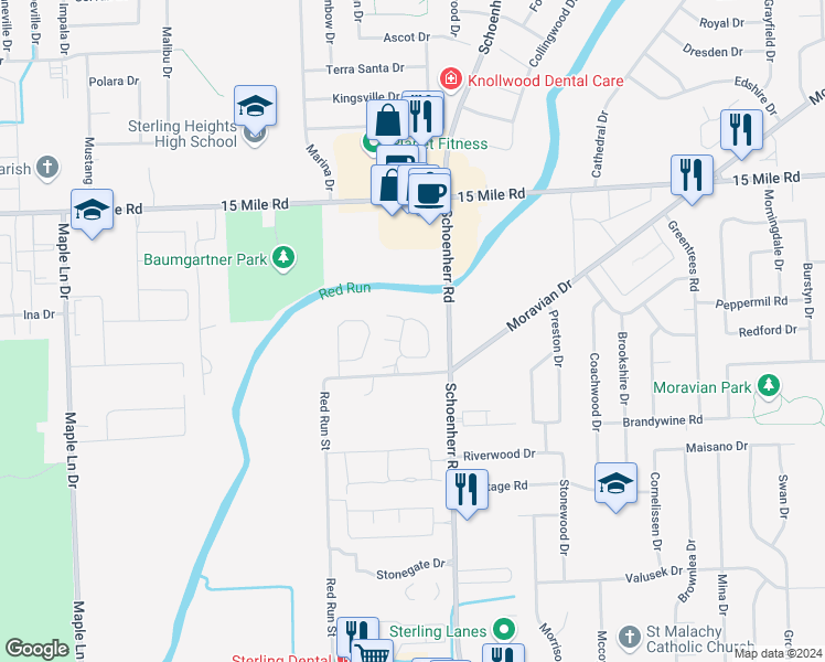 map of restaurants, bars, coffee shops, grocery stores, and more near 34430 Manor Run Circle in Sterling Heights